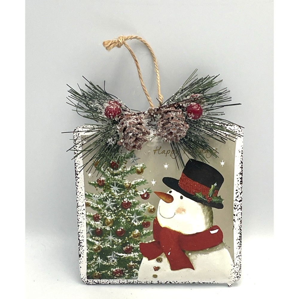 White Metal Square Christmas Ornament Snowman Greenery Pinecone Berries